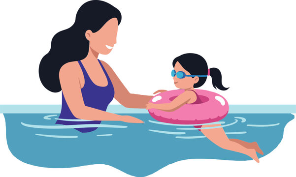 Naklejki Mother and daughter enjoying swimming together in flat vector art