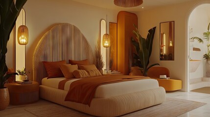A stylish and cozy bedroom with a rounded-edge bed frame, warm decor tones, and an inviting feel