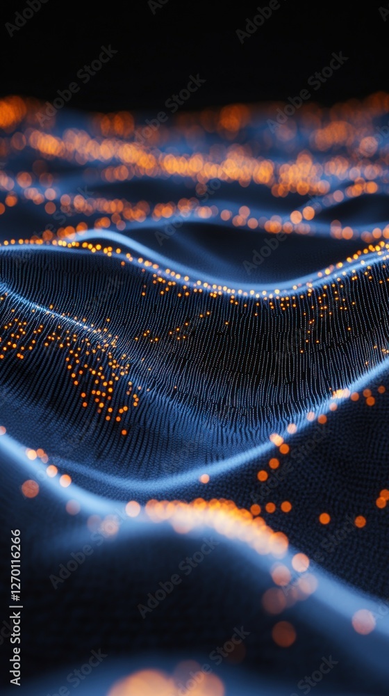 Poster abstract digital landscape with glowing particles and undulating waves