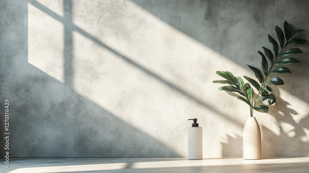 Poster A carefully arranged product display highlights simplicity through a soft color palette. A slender plant adds life while elegant shadows dance across a textured wall, enhancing its modern appeal