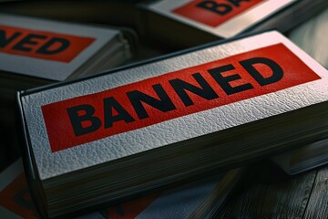 Forbidden Words: A pile of books, their covers emblazoned with bold red "BANNED" stamps, hinting at censorship and forbidden knowledge, telling a powerful story.