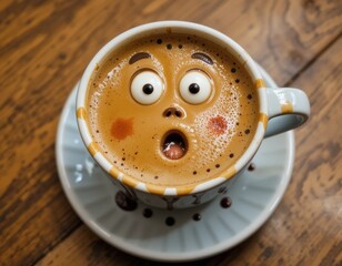 Cup of coffee with a surprised face on wooden table