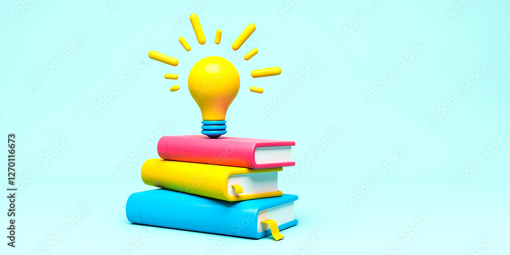 Poster bright yellow lightbulb on stack of colorful books representing ideas and learning