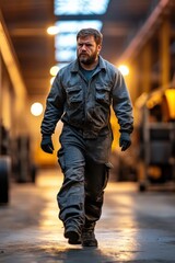A worker walking through a dimly lit warehouse during a night shift, focused expression on their face