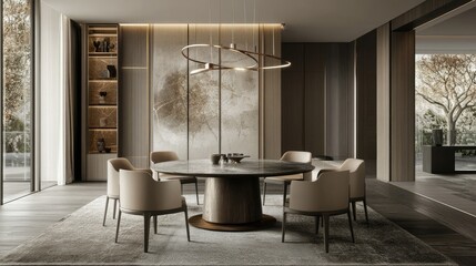 A stylish, minimalist round dining table with contemporary chairs, a sleek pendant light, and a neutral palette