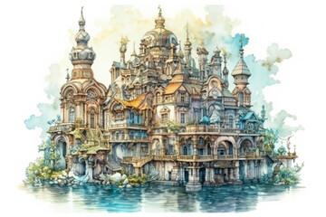 Obraz premium fairytale palace, tower near the water, illustration., watercolor style, Generative AI