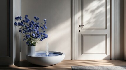 Fototapeta premium A thoughtfully designed entryway with a small decorative fountain, fresh flowers, and neutral decor