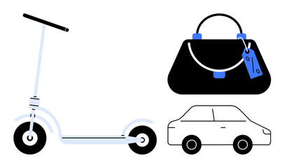 Scooter, handbag with tag, and car in simple design. Ideal for urban mobility, personal belongings, transportation, commuting, minimalist lifestyles, modern living abstract line flat metaphor