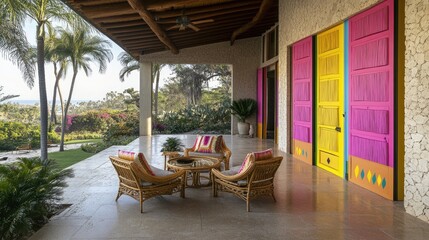 Fototapeta premium A tropical-style front porch with palm trees, rattan furniture, and a brightly colored entrance door