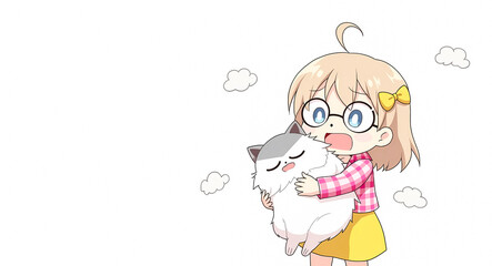 Obraz premium cheerful girl lovingly embraces a fluffy white and gray cat.