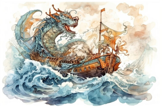 Viking drakar and dragon in the sea watercolor illustration., watercolor style, Generative AI