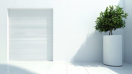 Minimalist terrace with tree, white walls,  modern architecture. Interior design visual