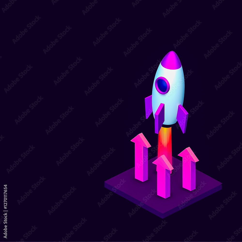 Aufkleber isometric of a launching upwards with three arrows symbolizing growth and progress.