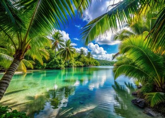 Obraz premium Serene palm-lined lagoon: breathtaking macro photography for a peaceful coastal backdrop.