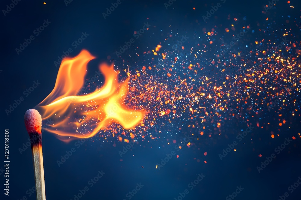 Leinwandbilder Ignition Spark: A close-up shot of a match in mid-combustion, displaying the intense flames and a trail of sparks against a dark blue backdrop. Capturing the essence of beginnings, potential.