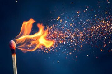 Ignition Spark: A close-up shot of a match in mid-combustion, displaying the intense flames and a trail of sparks against a dark blue backdrop. Capturing the essence of beginnings, potential.