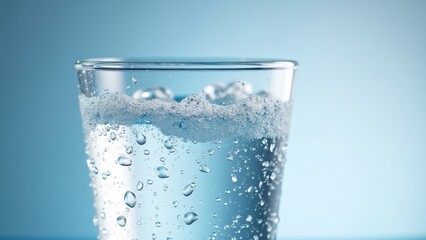 "A clear mineral water with tiny bubbles, transparency, and condensation on the glass, evoking a pure and refreshing vibe."