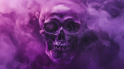 Fototapeta premium A striking skull with a dramatic purple smoke background, creating a mysterious and eerie atmosphere perfect for halloween or gothic themes. Temporal Warlocks. Illustration
