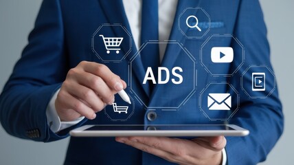 Fototapeta premium Businessman using tablet to manage online advertisements and social media