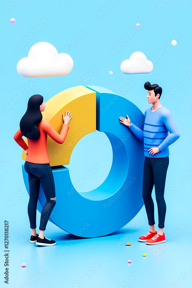 Poster two stylized figures examining a pie chart representing data analysis and