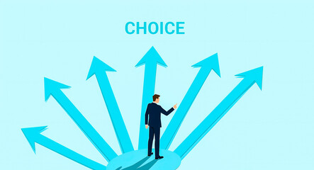 businessman facing multiple upward arrows symbolizing choices and decision-making