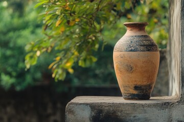 Rustic Clay Pot on Stone Surface Surrounded by Greenery in Soft Natural Light