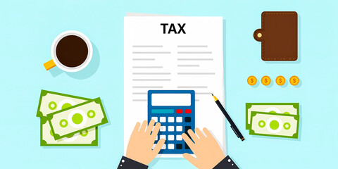 Fototapeta premium hands using calculator on tax form with money and pen