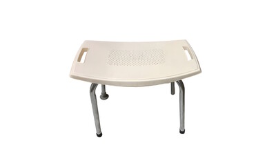 A white plastic shower chair with chrome legs isolated against white background