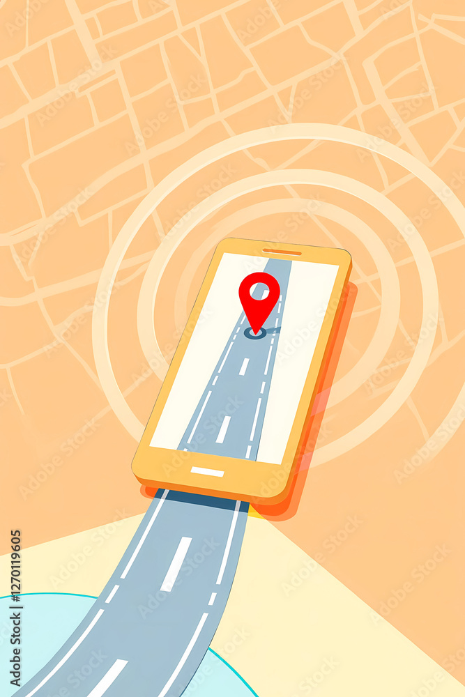 Poster smartphone displaying a road map with location pin for gps navigation