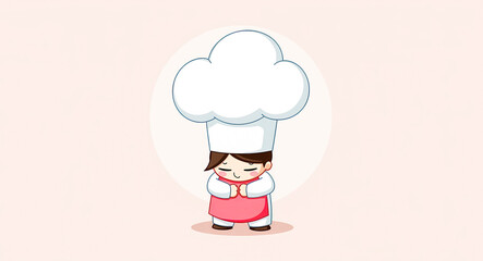 cartoon chef in a white toque and pink apron politely greeting customers.