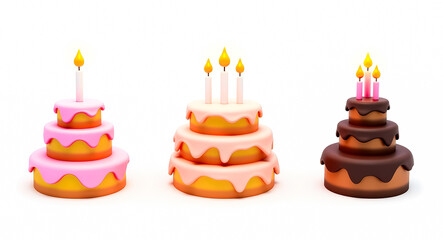 three layered cakes with lit candles: pink and chocolate