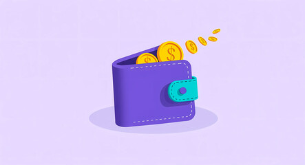 purple wallet with golden coins spilling out