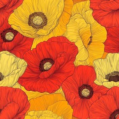 Vibrant Red and Yellow Poppy Flower Sketch Seamless Pattern