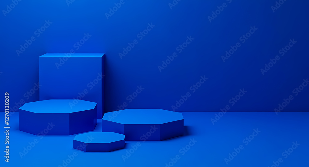 Poster three blue octagonal platforms and a rectangular block