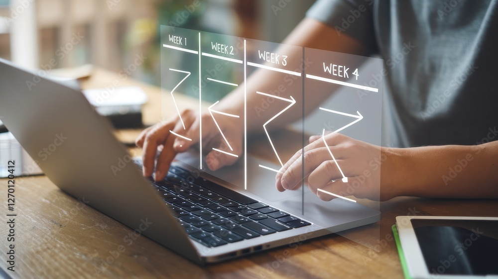 Poster person using laptop with weekly workflow schedule overlayed on screen