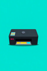 black inkjet printer with cyan and yellow ink cartridges is shown against a teal background