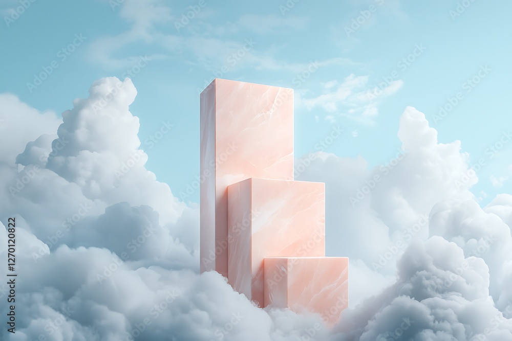 Poster Dreamy perspective cloudy skyline with rising abstract structures in transformation