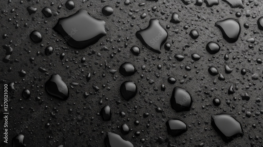 Poster tiny water droplets rest on a glossy black surface, creating an artistic interplay of light and shad