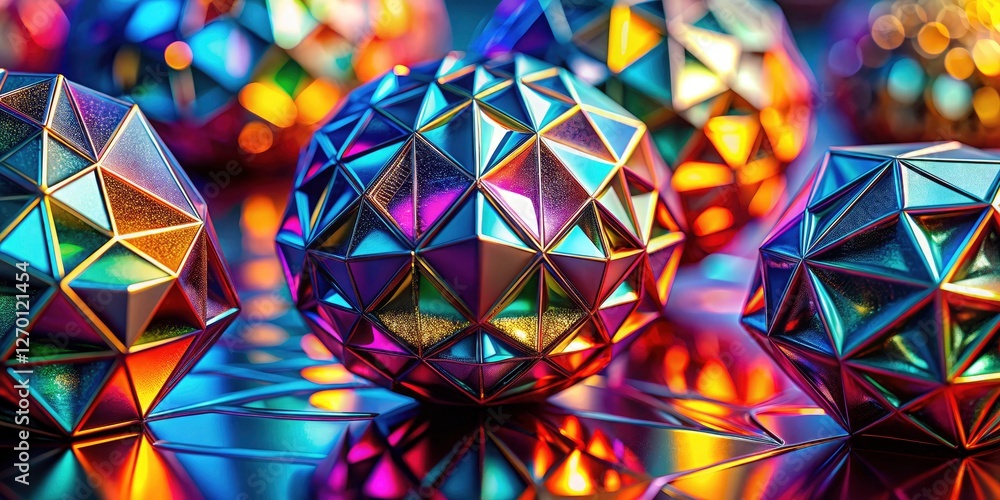 Poster shiny, abstract 3d shapes gleam in vibrant macro photography; smooth surfaces explode with color.
