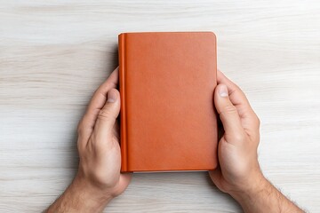Obraz premium Captivating book display hands holding leather journal on light wooden table