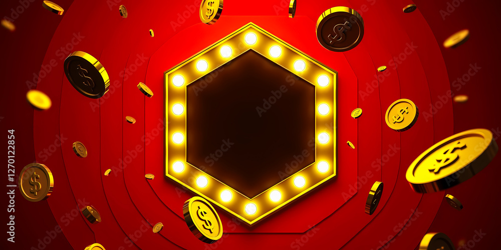 Poster golden coins around illuminated hexagonal frame