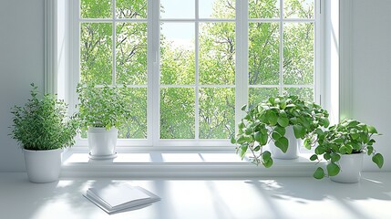 Fototapeta premium Sunny windowsill, potted herbs, book, spring foliage
