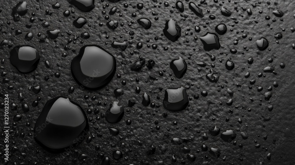 Poster glimmering droplets reflect light as they rest on a smooth, dark surface, creating an artistic displ