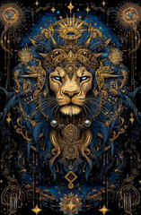 A lion with a crown on its head and a blue background. The lion is the main focus of the image