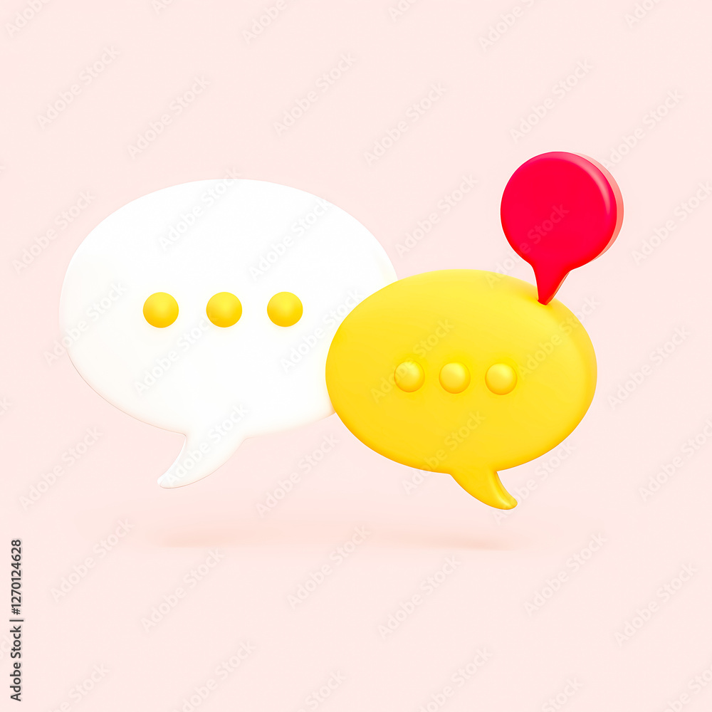 Poster two 3d speech bubbles in yellow and white with a red pin representing communication and interaction