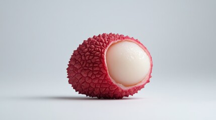 Obraz premium Fresh lychee with bumpy red skin, whole and peeled showing translucent flesh, isolated on white background