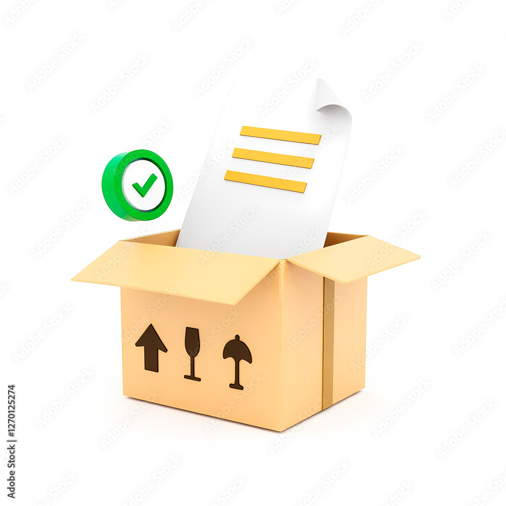 Poster open cardboard box with document and checkmark