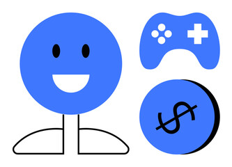 Blue happy stick figure alongside game controller and dollar coin. Ideal for gaming industry, digital economy, user satisfaction, technology, finance, playful interaction, abstract line flat metaphor