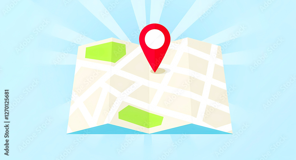 Poster folded map with a red location pin indicates a destination