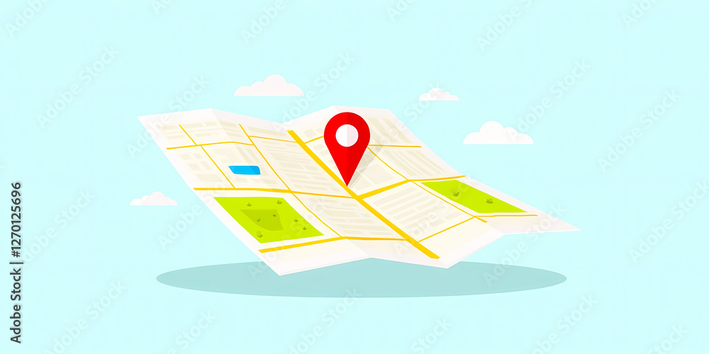 Poster folded map with red location marker pin
